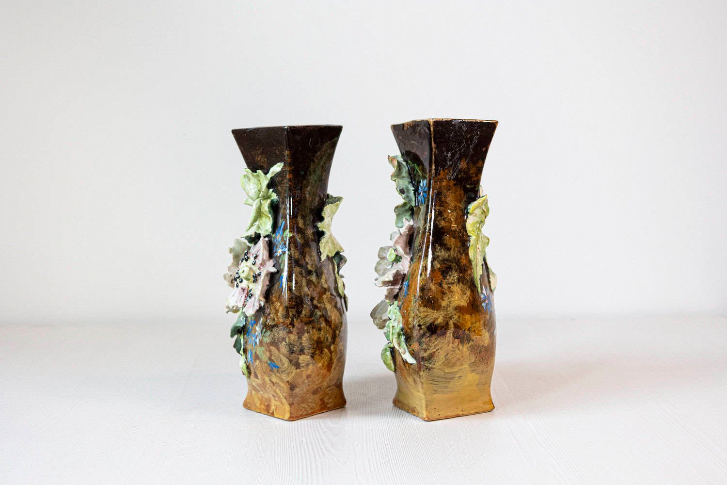 Pair of French 19th Century Vases with Barbotine Décor of Flowers and Leaves - JAA