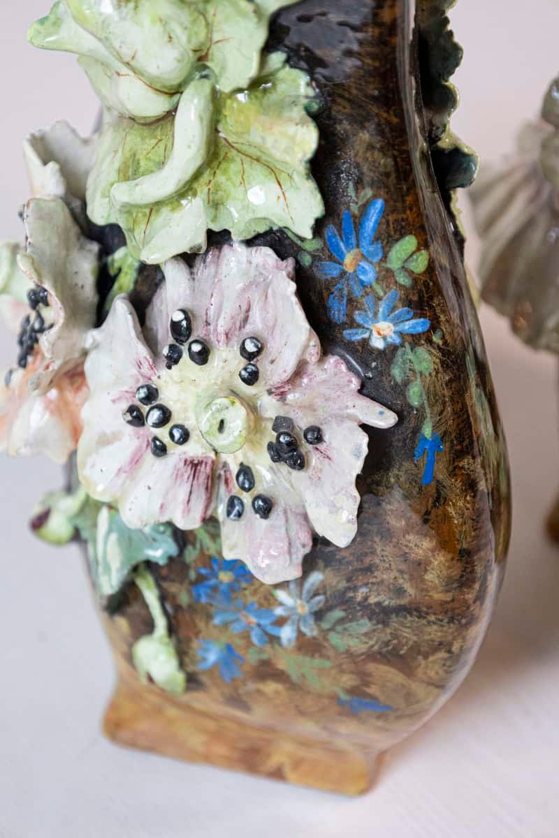 Pair of French 19th Century Vases with Barbotine Décor of Flowers and Leaves - JAA