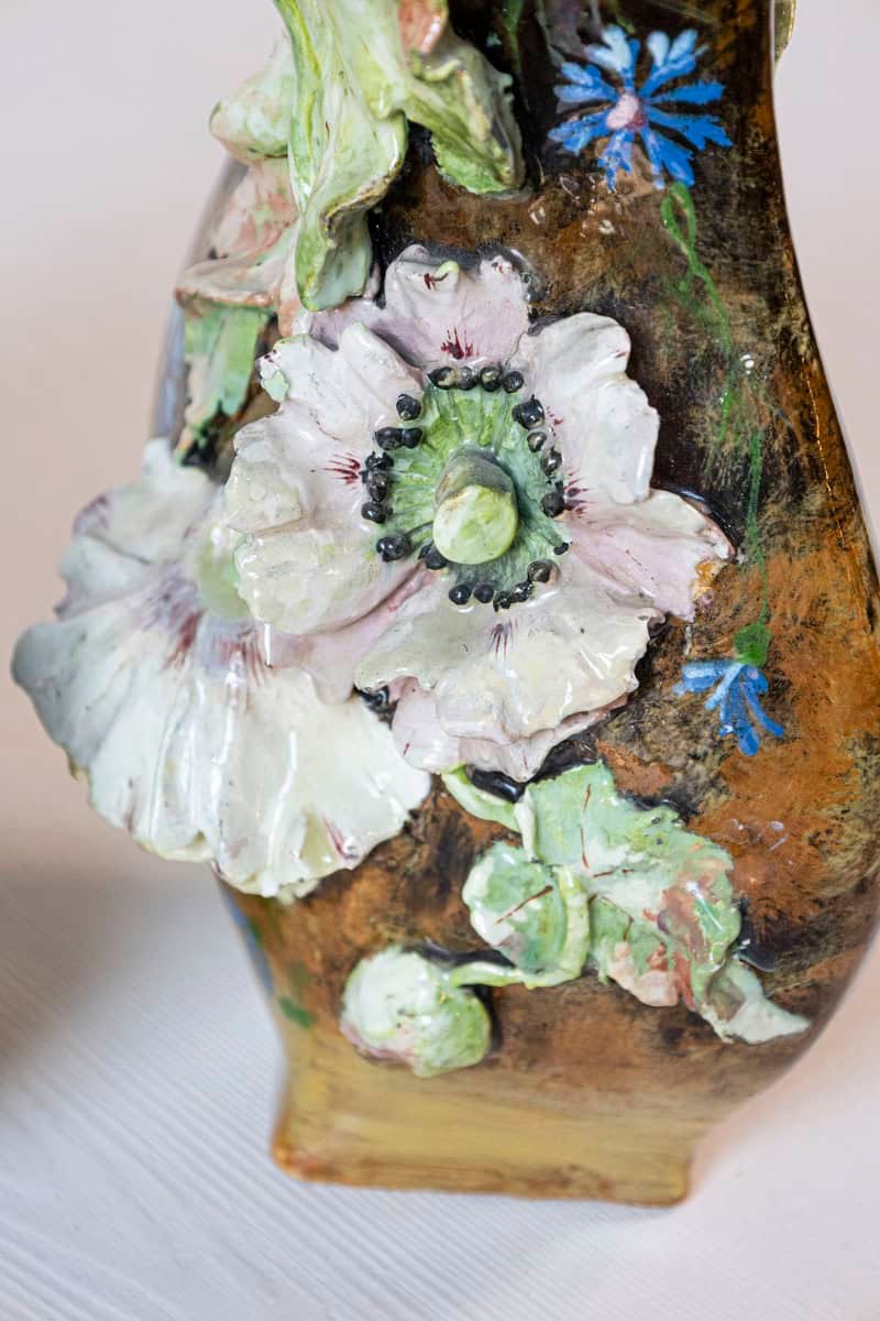 Pair of French 19th Century Vases with Barbotine Décor of Flowers and Leaves - JAA