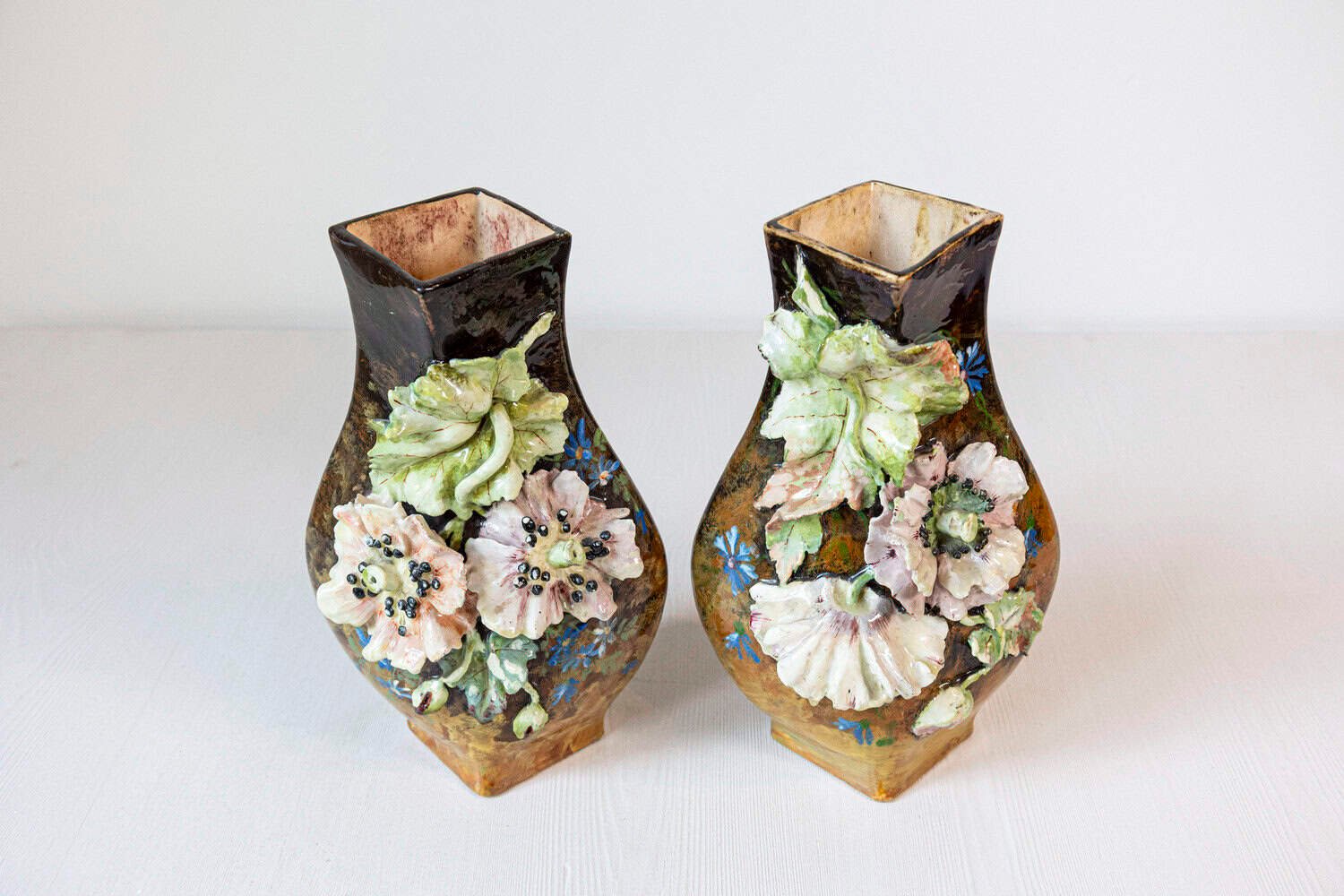 Pair of French 19th Century Vases with Barbotine Décor of Flowers and Leaves - JAA