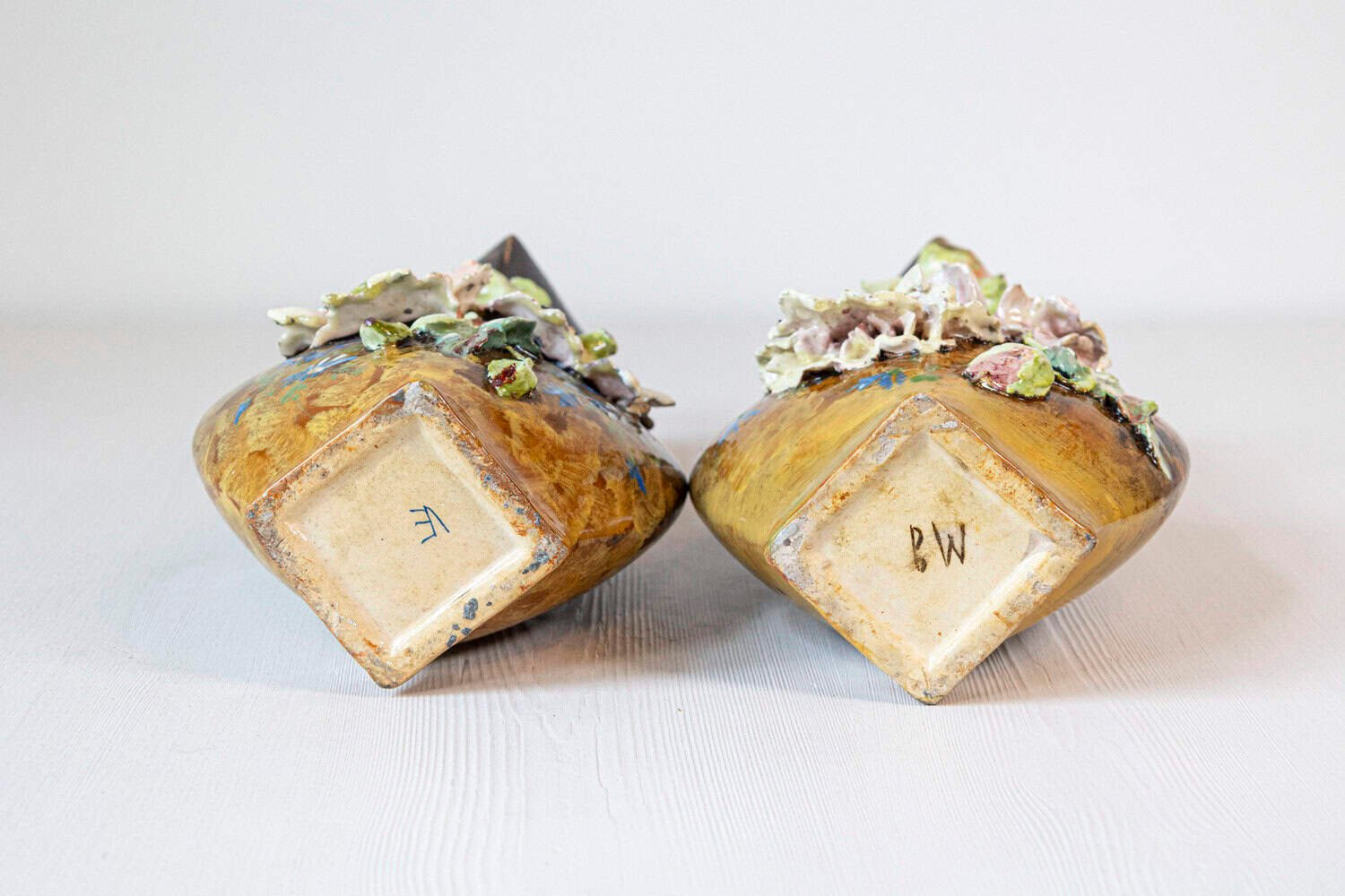 Pair of French 19th Century Vases with Barbotine Décor of Flowers and Leaves - JAA