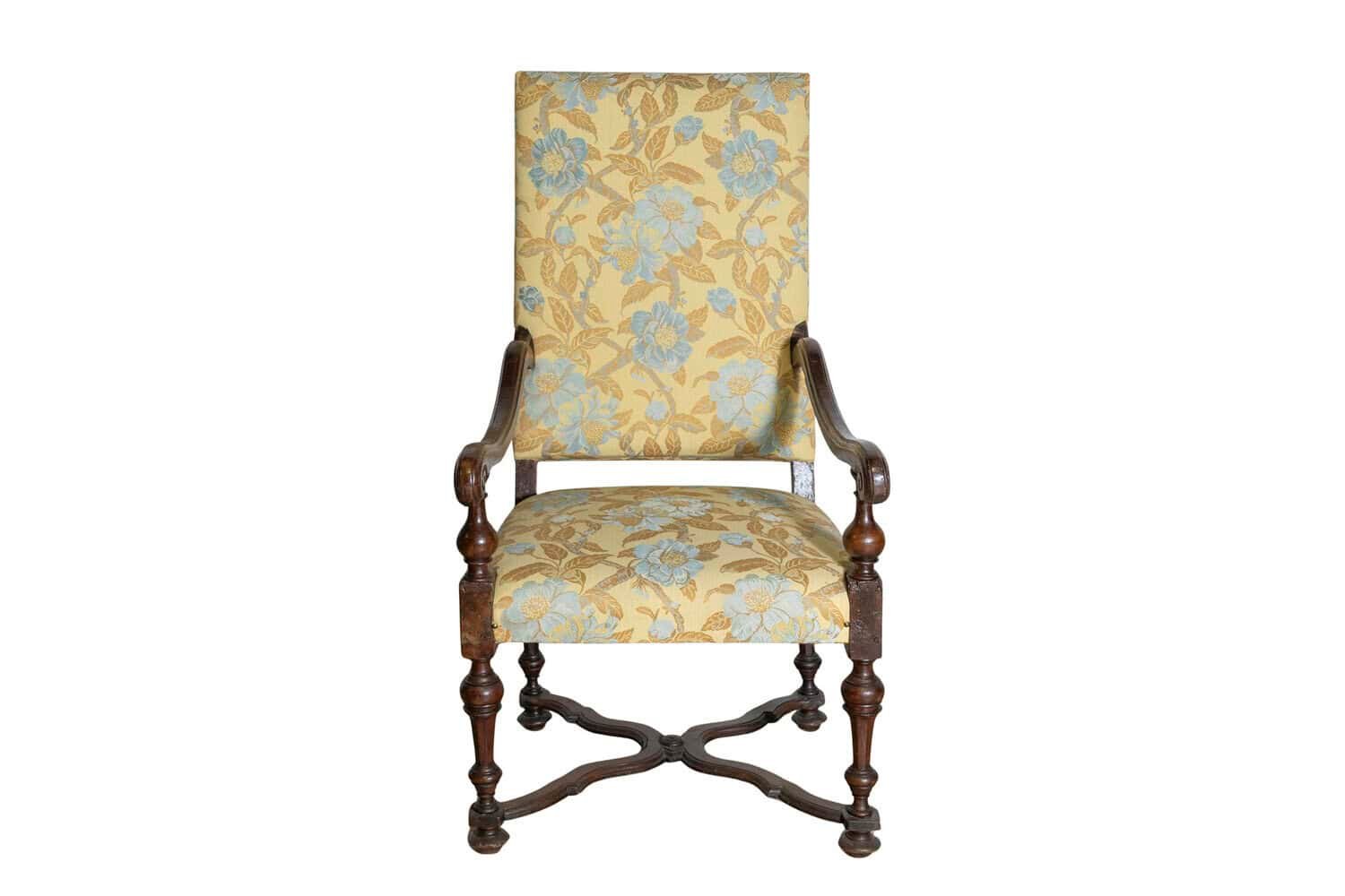 Italian Baroque Period 17th Century Walnut Armchair with Carved X-Form Stretcher - JAA