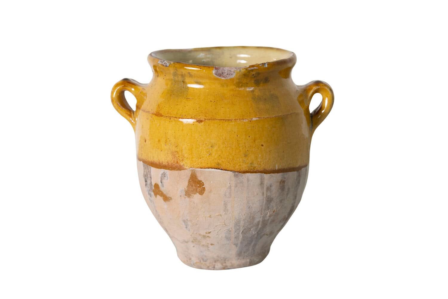 French 19th Century Country Glazed Confit Pot with Ochre Yellow Glaze