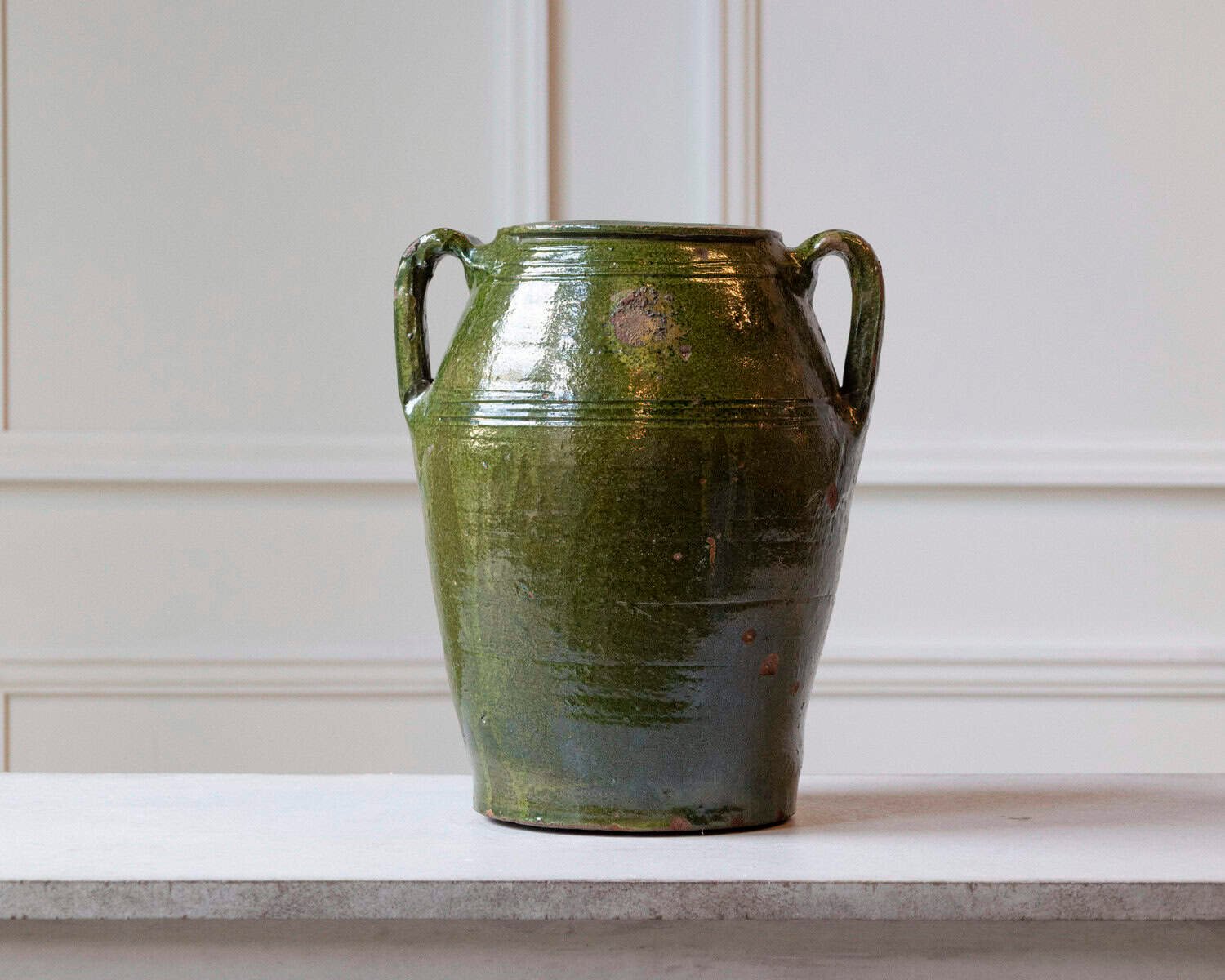 Mediterranean 19th Century Green-Glazed Terracotta Jar with Twin Handles - JAA