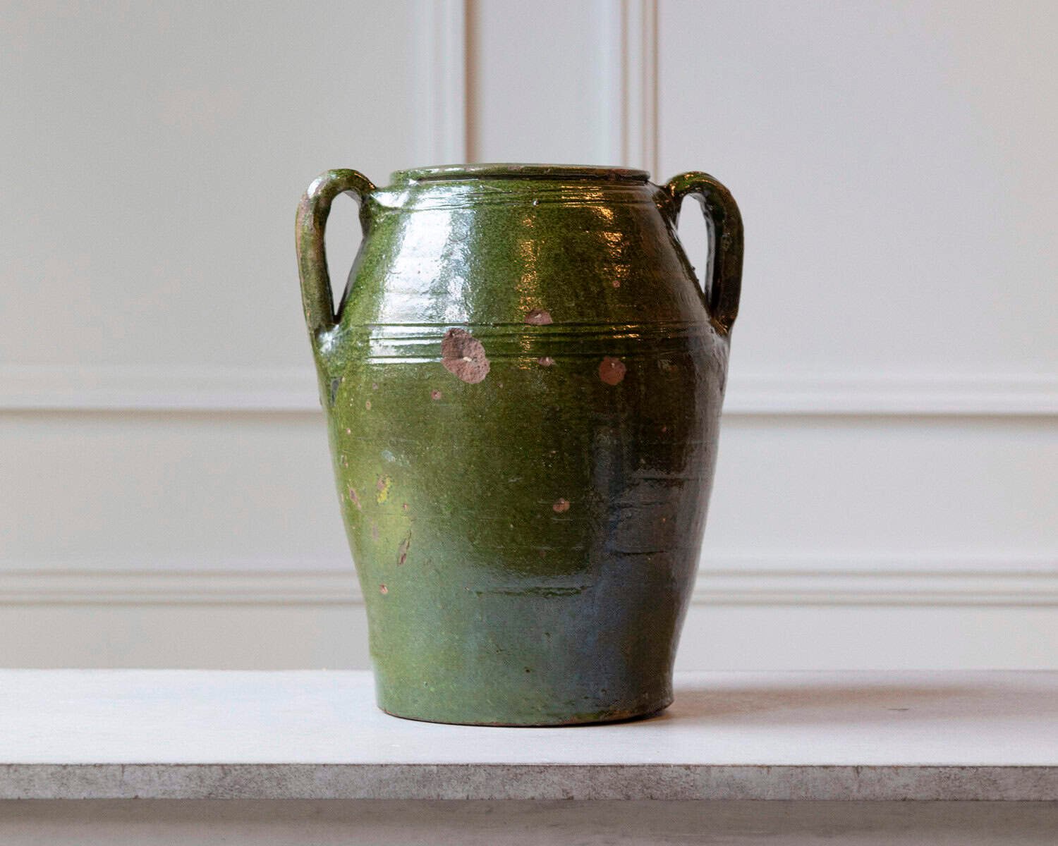 Mediterranean 19th Century Green-Glazed Terracotta Jar with Twin Handles - JAA