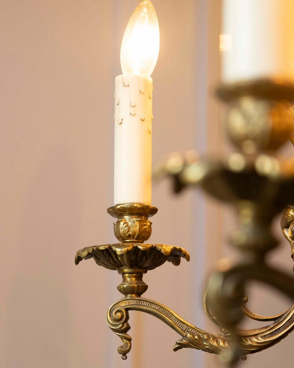 Spanish 19th Century Bronze Six-Light Chandelier with Cherubs and Floral Decor - JAA