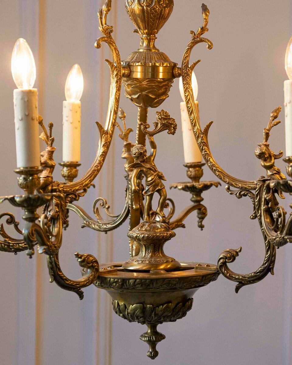 Spanish 19th Century Bronze Six-Light Chandelier with Cherubs and Floral Decor - JAA