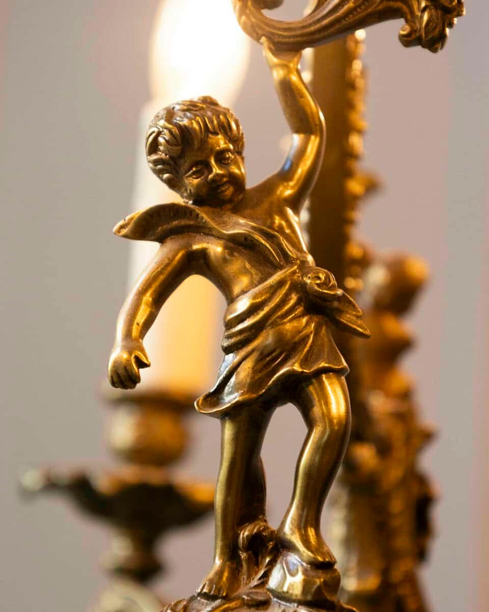 Spanish 19th Century Bronze Six-Light Chandelier with Cherubs and Floral Decor - JAA