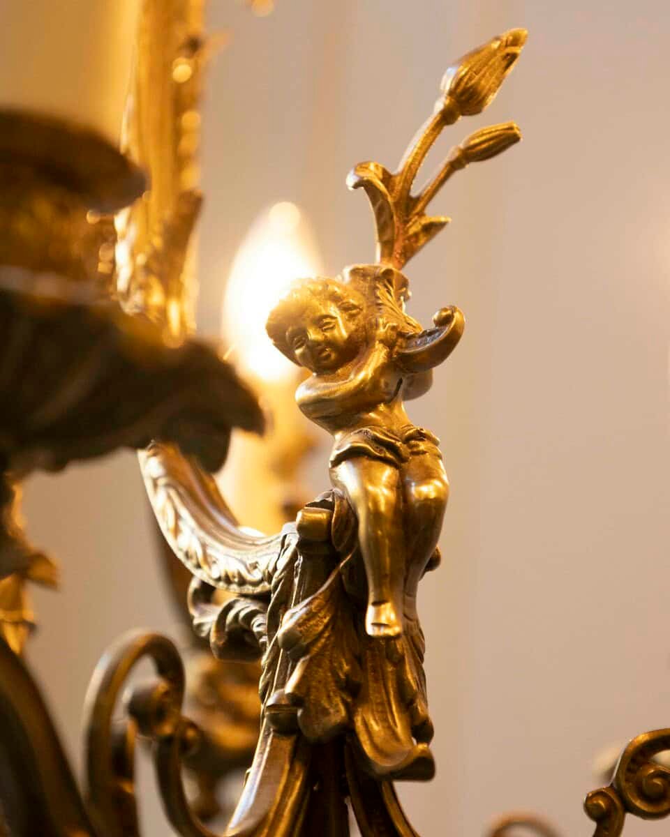Spanish 19th Century Bronze Six-Light Chandelier with Cherubs and Floral Decor - JAA