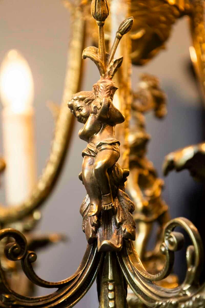 Spanish 19th Century Bronze Six-Light Chandelier with Cherubs and Floral Decor - JAA