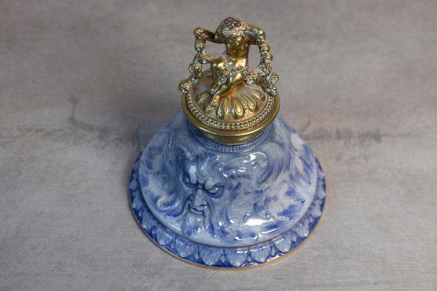 English Victorian Period 19th Century Porcelain Inkwell with Brass Putto Motif - JAA