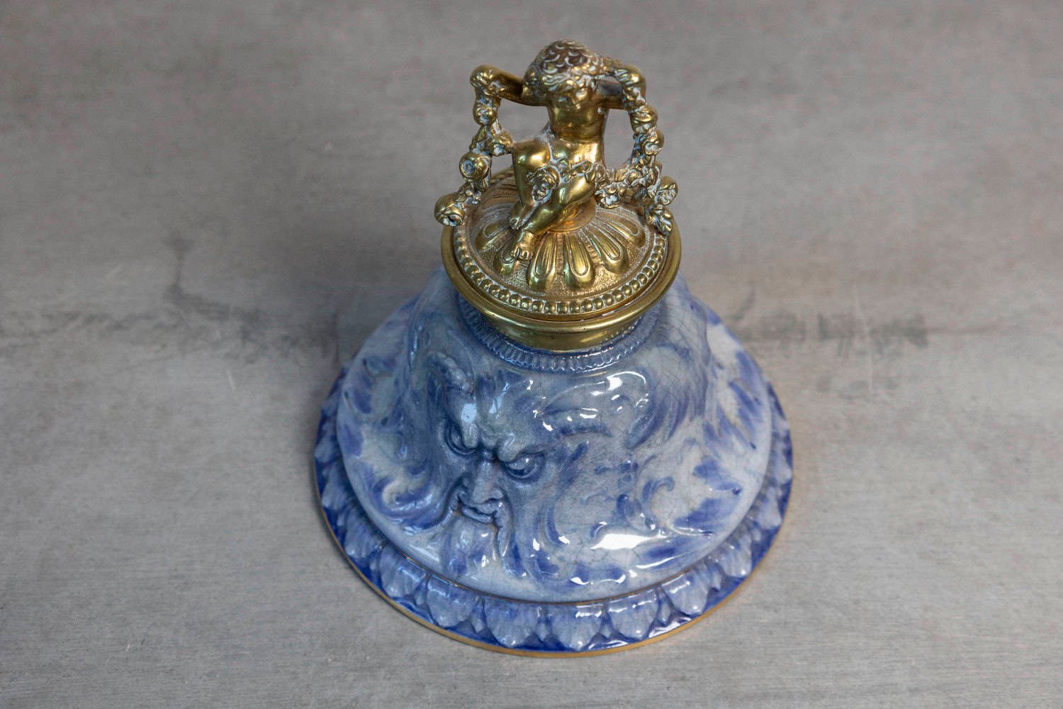 English Victorian Period 19th Century Porcelain Inkwell with Brass Putto Motif - JAA