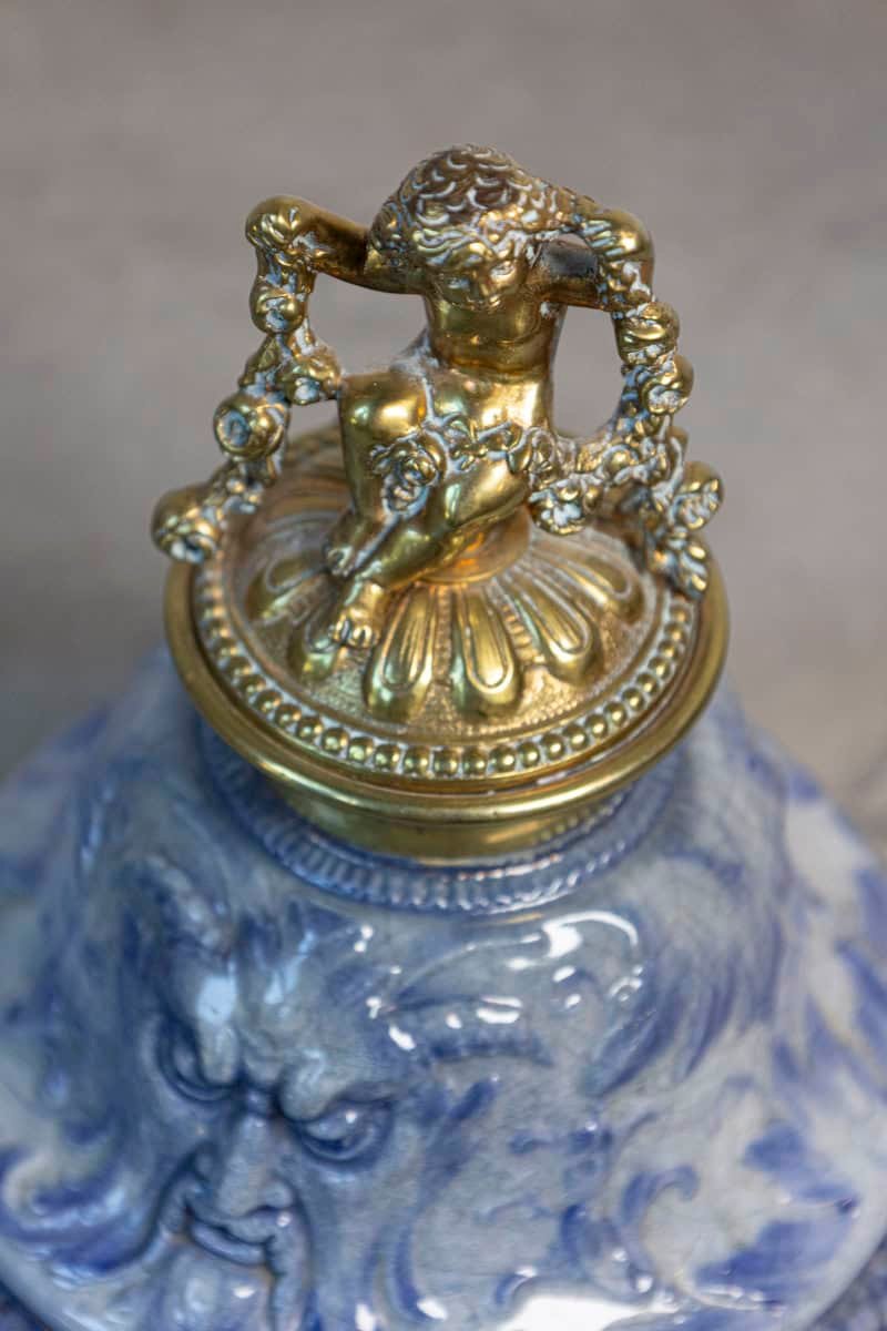 English Victorian Period 19th Century Porcelain Inkwell with Brass Putto Motif - JAA