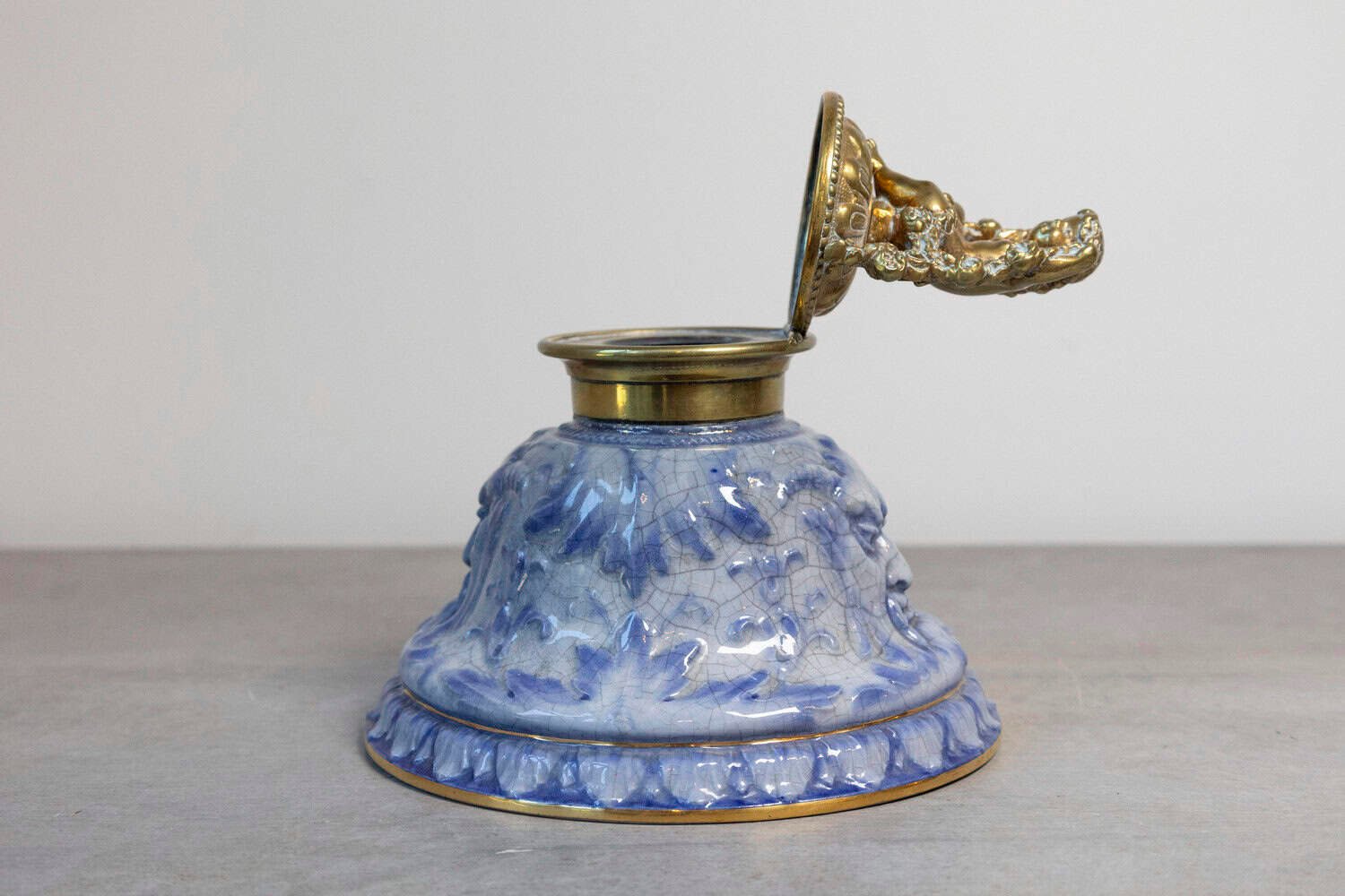 English Victorian Period 19th Century Porcelain Inkwell with Brass Putto Motif - JAA