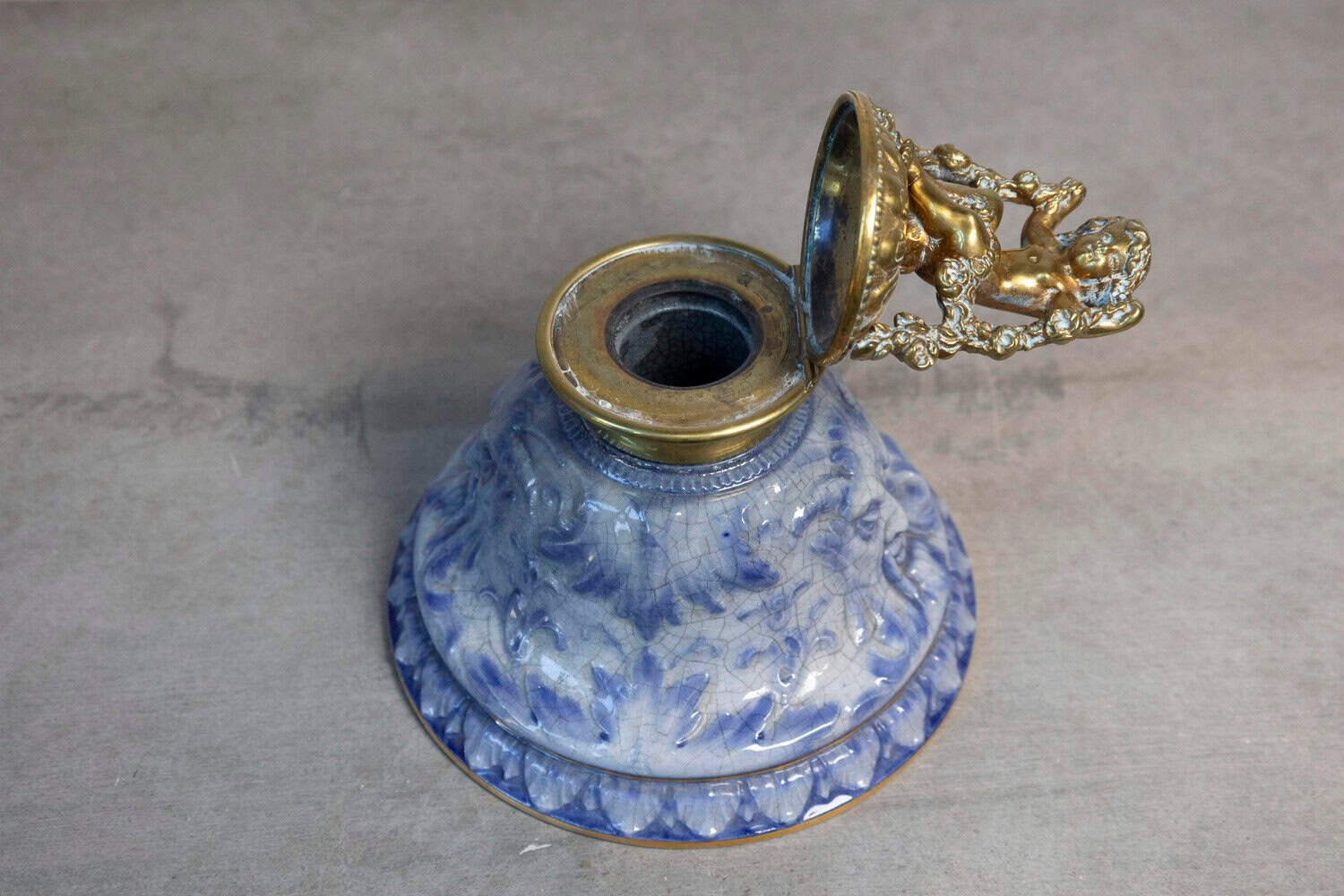 English Victorian Period 19th Century Porcelain Inkwell with Brass Putto Motif - JAA