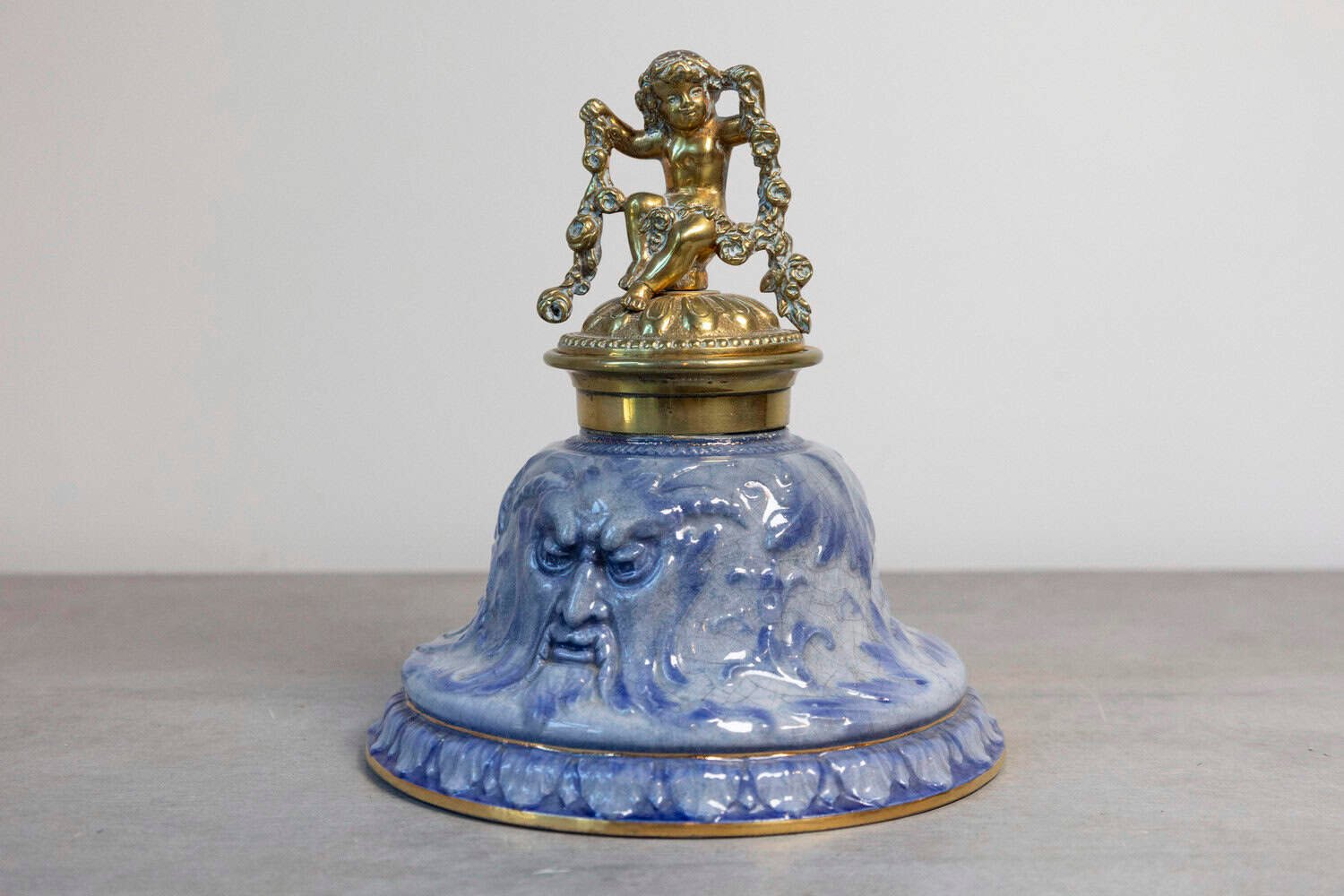 English Victorian Period 19th Century Porcelain Inkwell with Brass Putto Motif - JAA