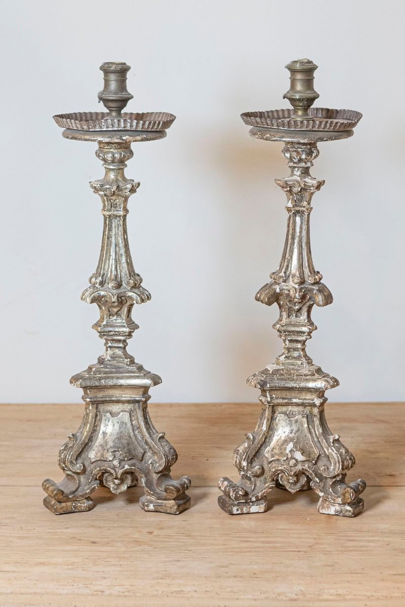 Pair of Rococo Period 18th Century Italian Painted and Carved Candlesticks - JAA