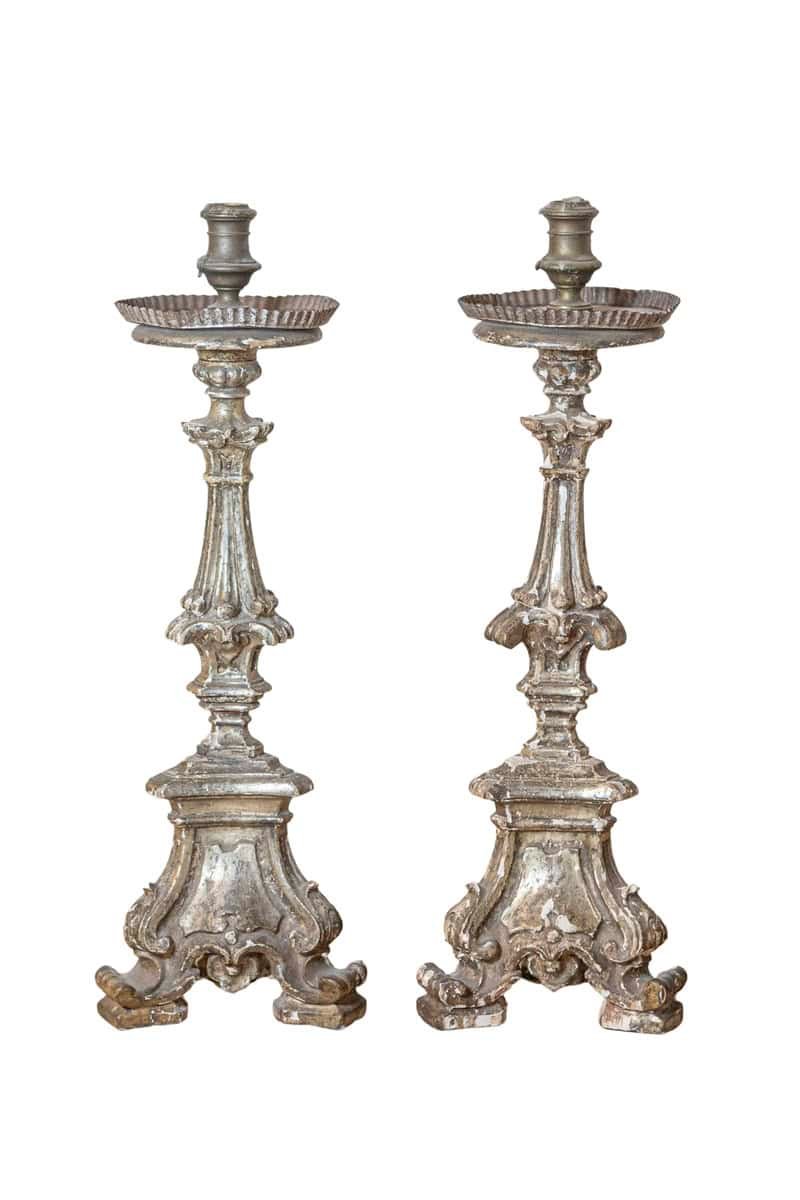 Pair of Rococo Period 18th Century Italian Painted and Carved Candlesticks