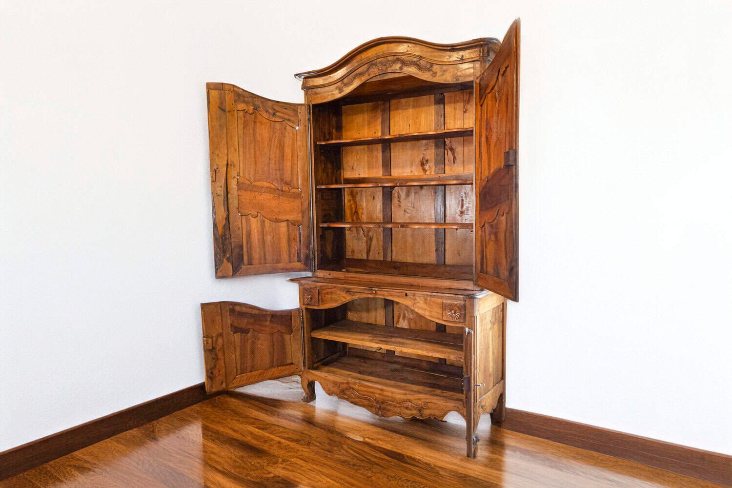 French 1750s Louis XV Walnut Floral Buffet à Deux-Corps from the Loire Valley - JAA