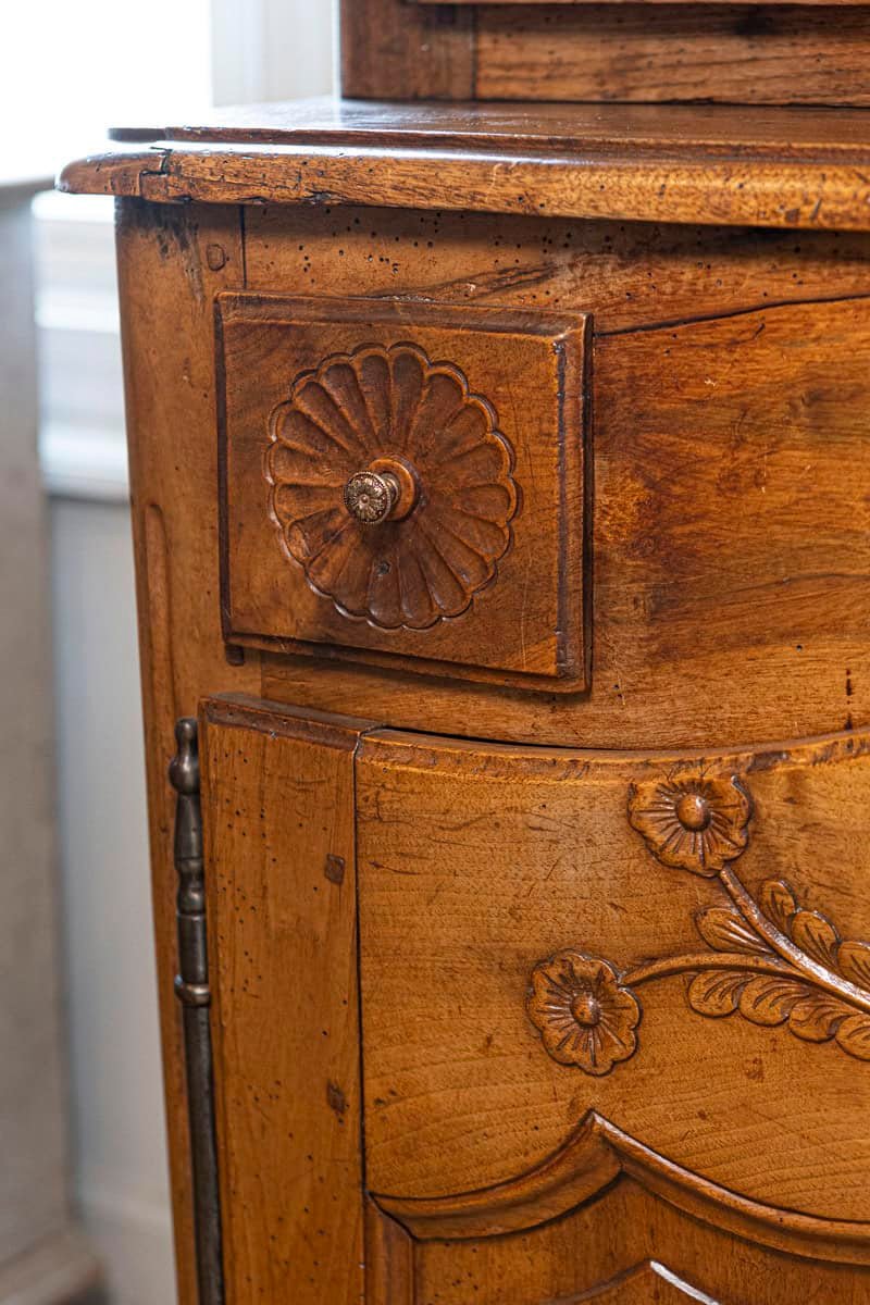 French 1750s Louis XV Walnut Floral Buffet à Deux-Corps from the Loire Valley - JAA