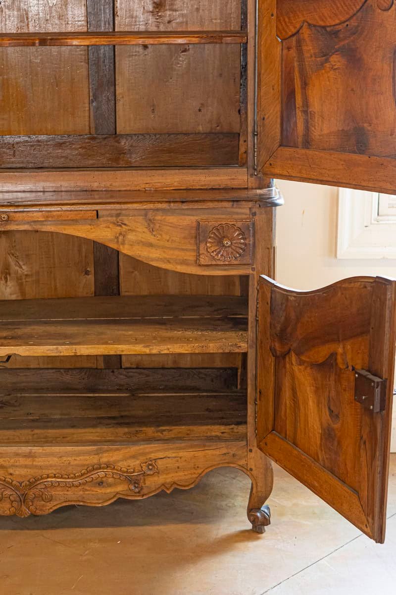 French 1750s Louis XV Walnut Floral Buffet à Deux-Corps from the Loire Valley - JAA