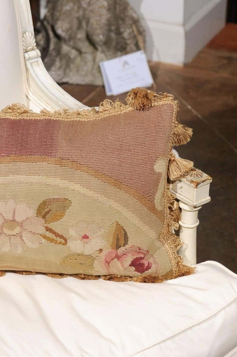 19th Century French Aubusson Tapestry Pillow with Flowers and Petite Tassels - JAA
