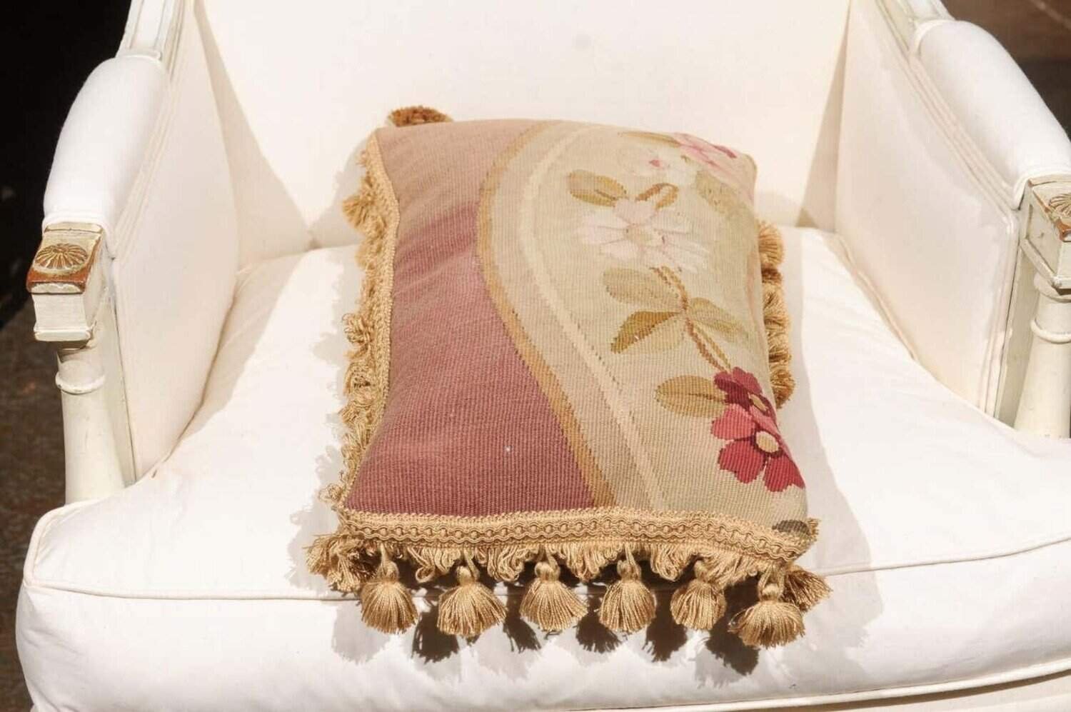 19th Century French Aubusson Tapestry Pillow with Flowers and Petite Tassels - JAA