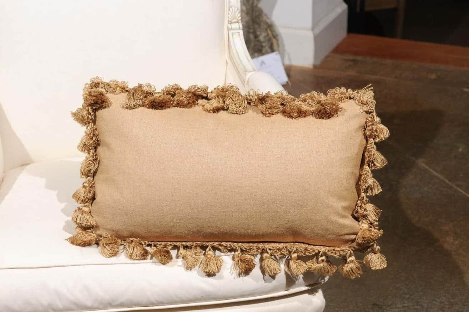 19th Century French Aubusson Tapestry Pillow with Flowers and Petite Tassels - JAA