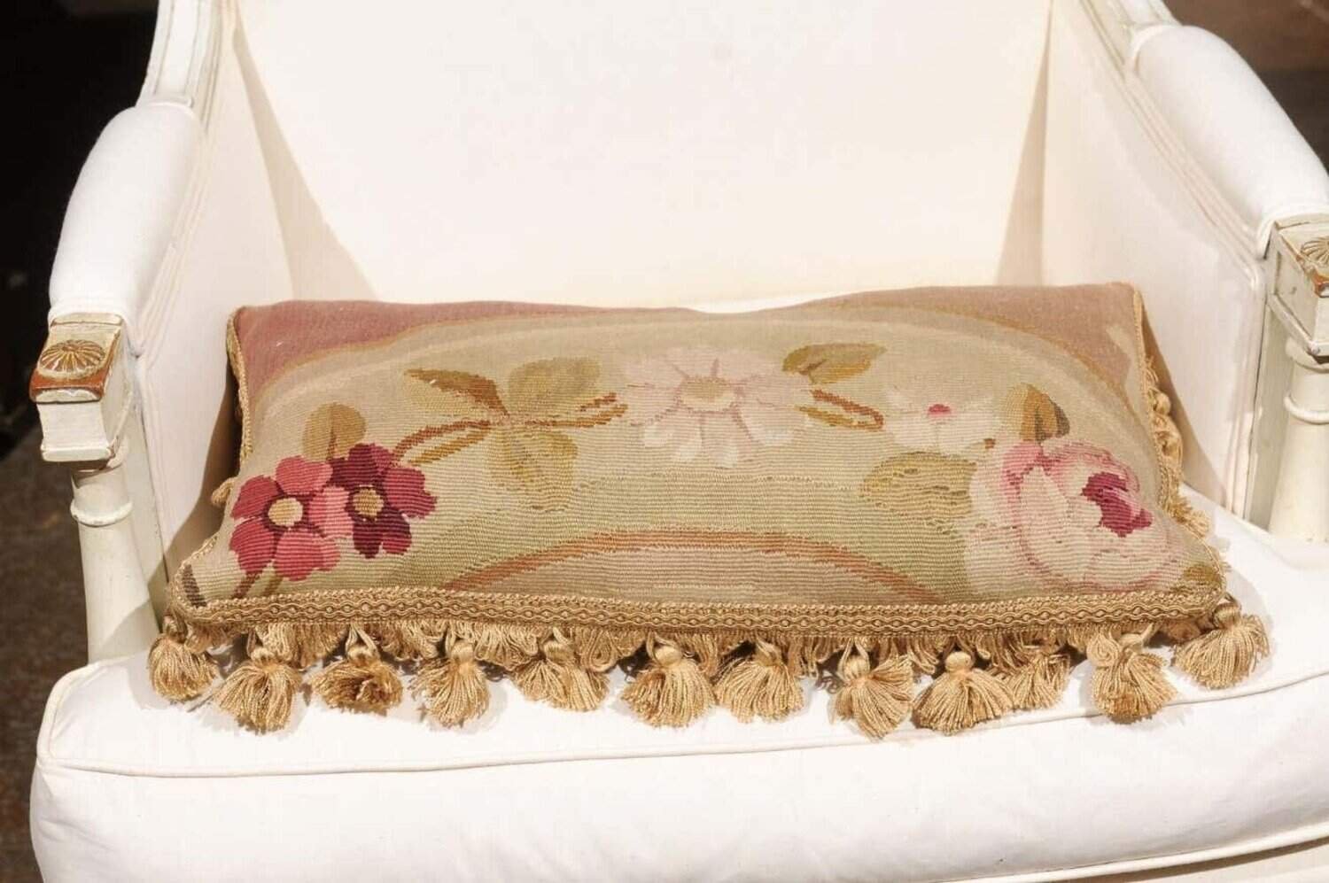 19th Century French Aubusson Tapestry Pillow with Flowers and Petite Tassels - JAA