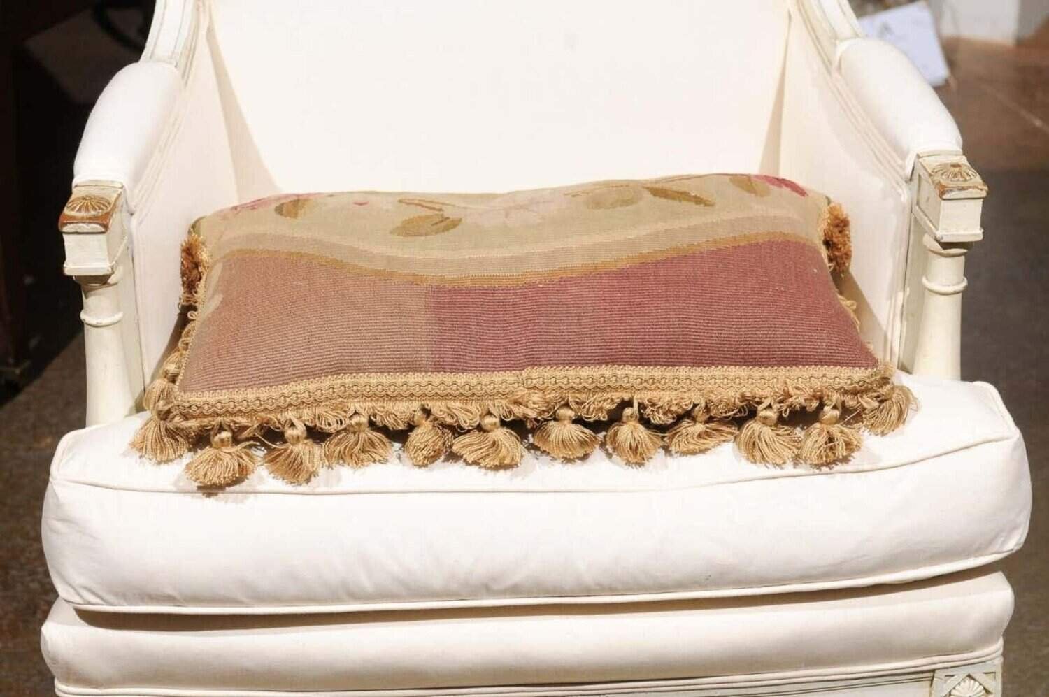 19th Century French Aubusson Tapestry Pillow with Flowers and Petite Tassels - JAA