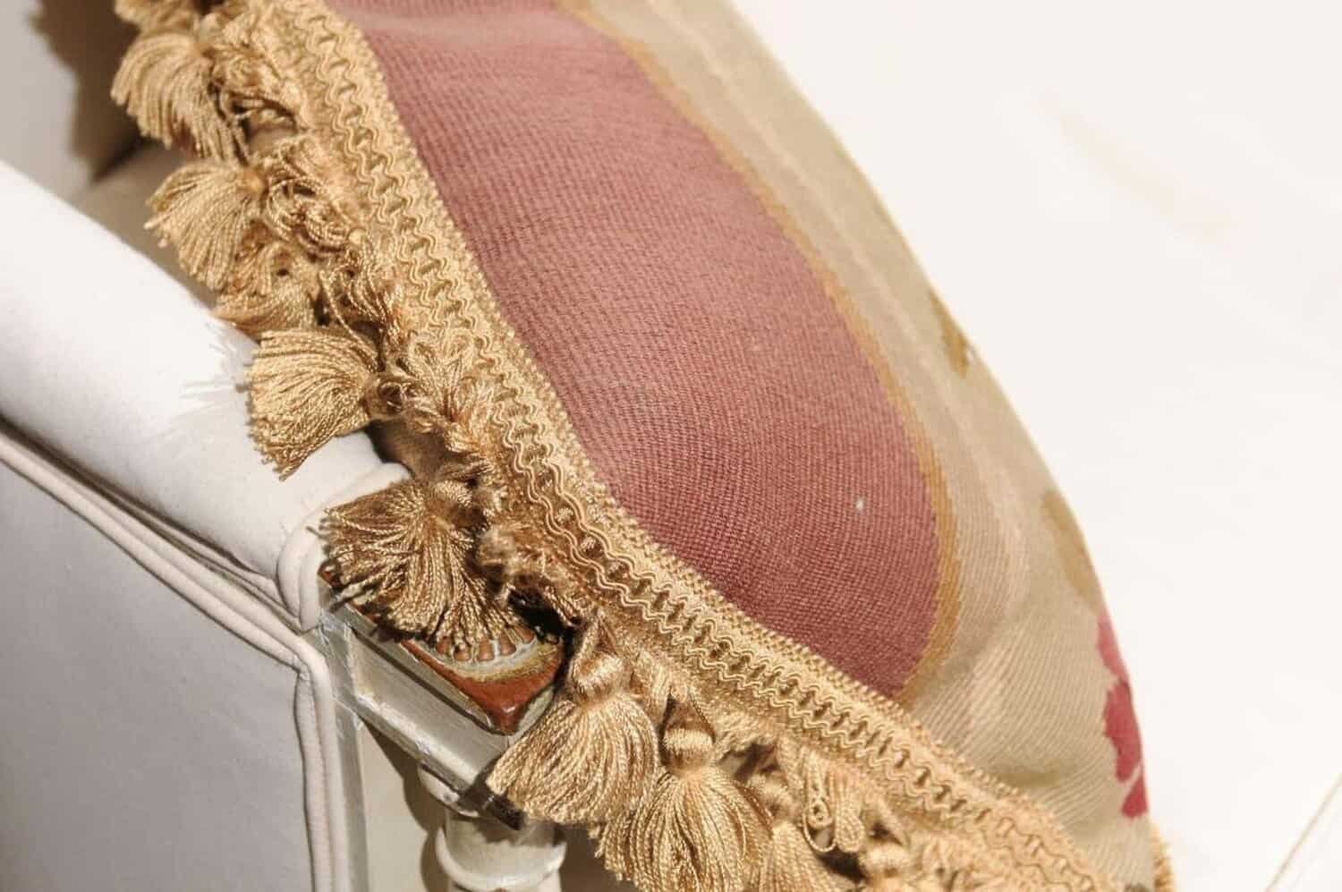 19th Century French Aubusson Tapestry Pillow with Flowers and Petite Tassels - JAA