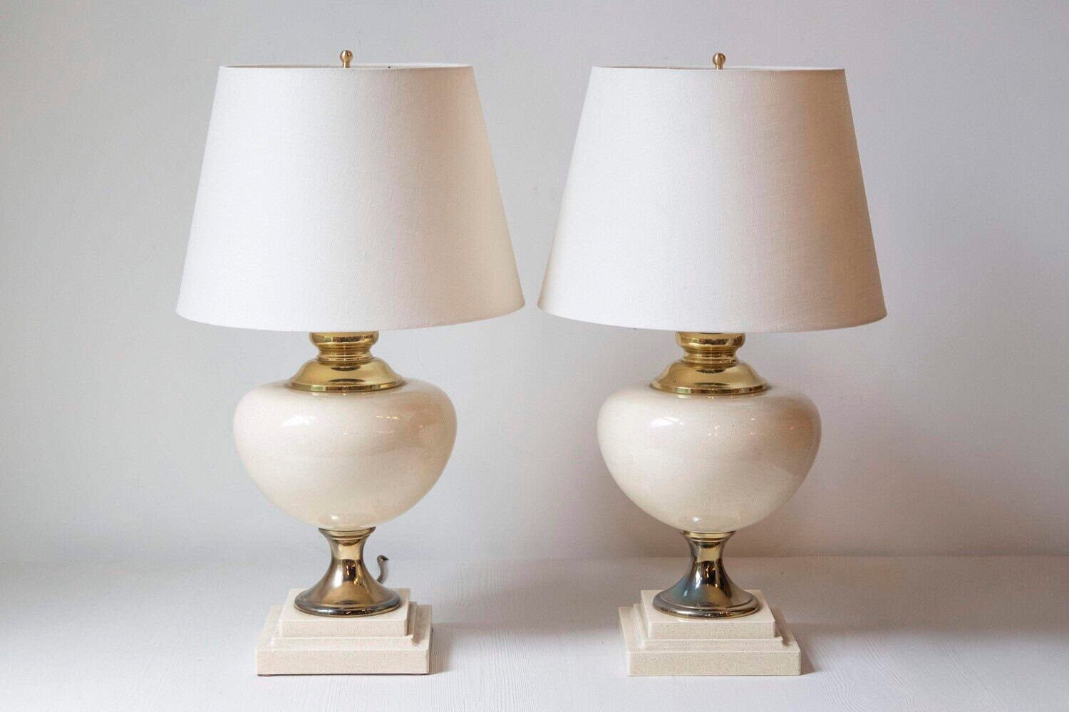 Pair of 20th Century French Ceramic and Brass Table Lamps with Ivory Glaze NOT AVAILABLE - JAA