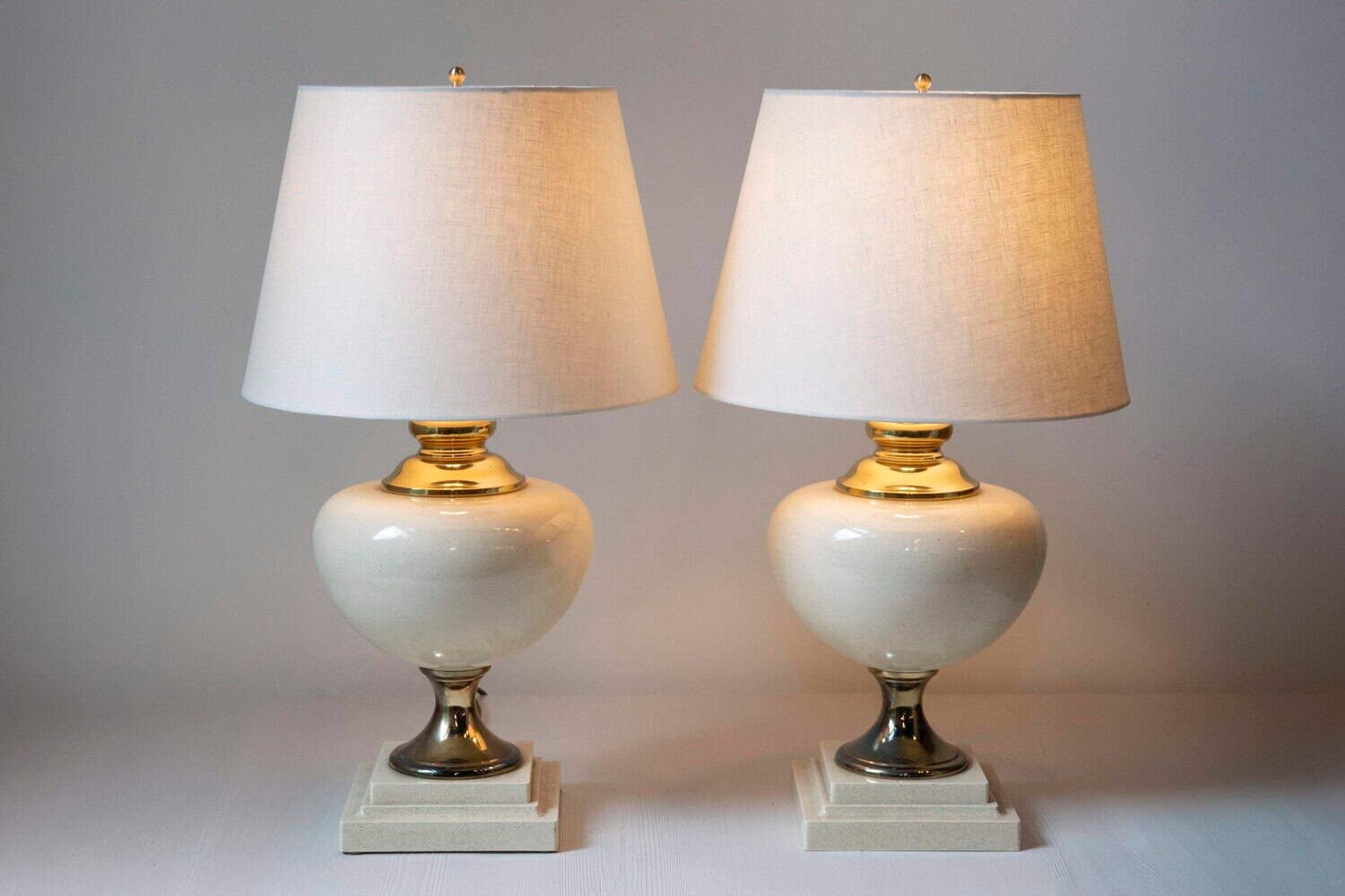 Pair of 20th Century French Ceramic and Brass Table Lamps with Ivory Glaze NOT AVAILABLE - JAA