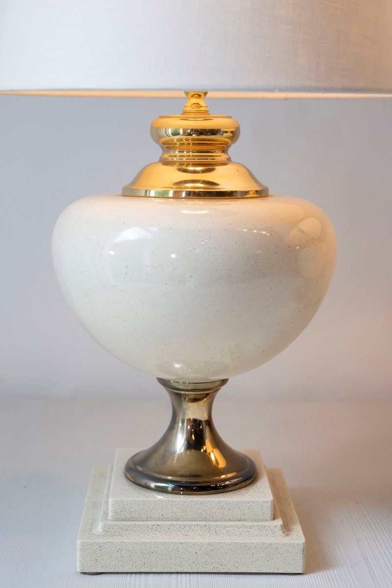 Pair of 20th Century French Ceramic and Brass Table Lamps with Ivory Glaze NOT AVAILABLE - JAA