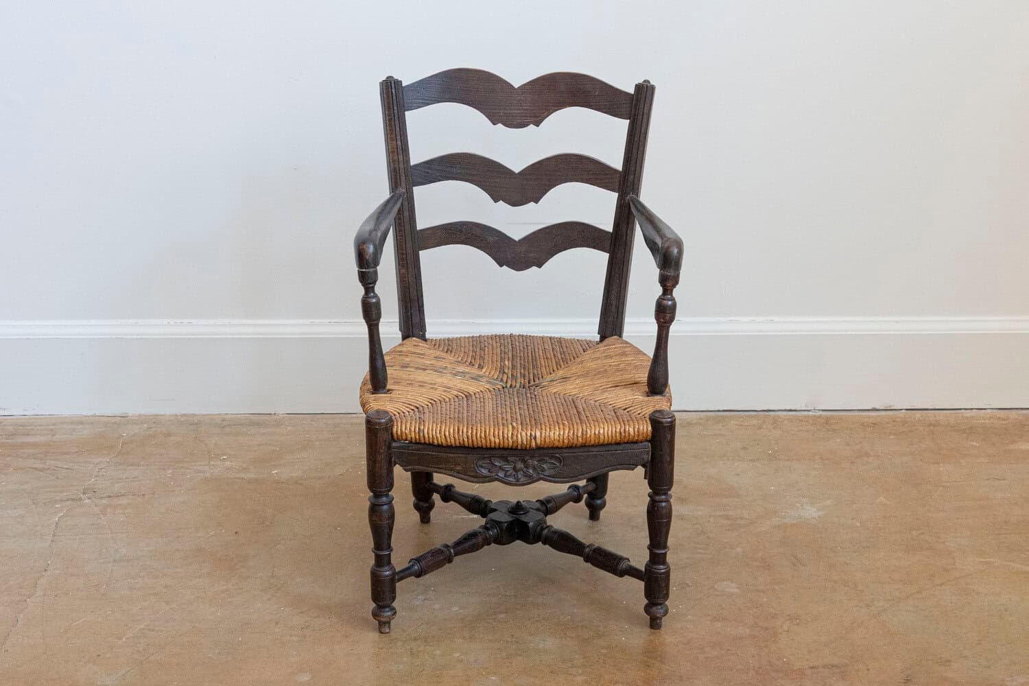 French Rustic Dark Oak 19th Century Child's Chair with Ladder Back and Rush Seat - JAA