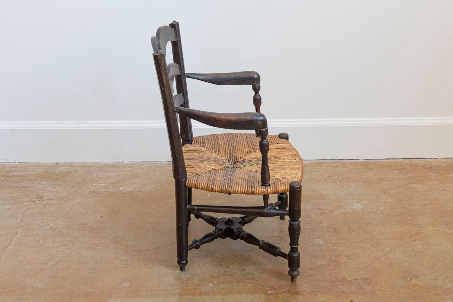 French Rustic Dark Oak 19th Century Child's Chair with Ladder Back and Rush Seat - JAA