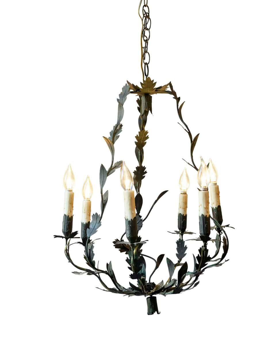 20th-Century French Iron Chandelier with Foliate Details