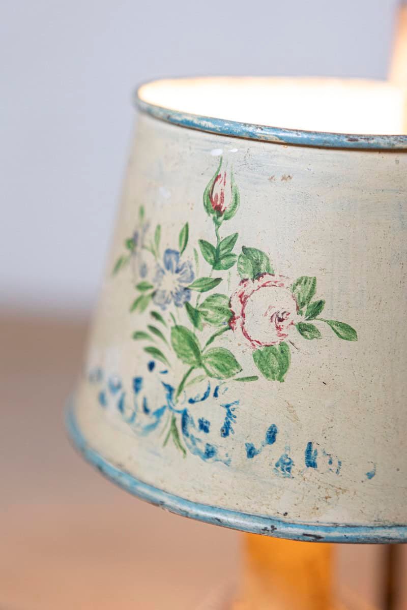 French 19th Century Tôle Lamp with Original Hand-Painted Floral Themed Shade - JAA
