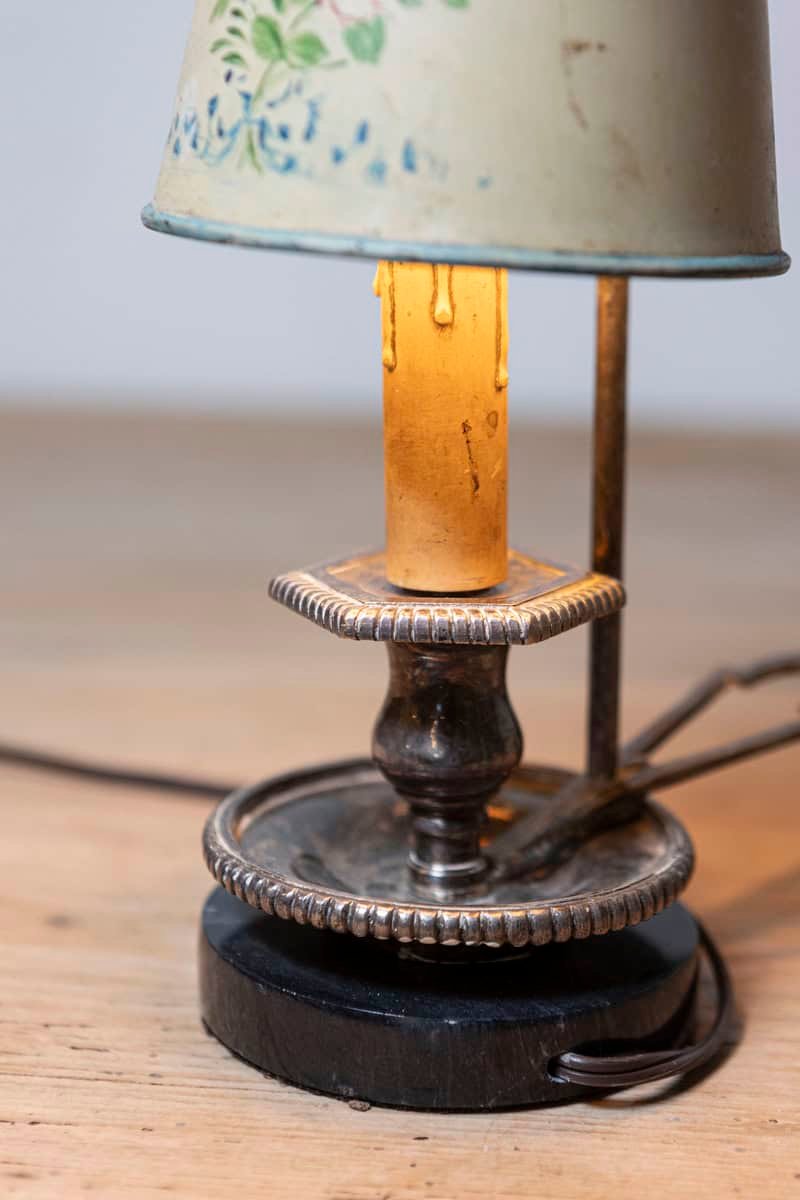 French 19th Century Tôle Lamp with Original Hand-Painted Floral Themed Shade - JAA