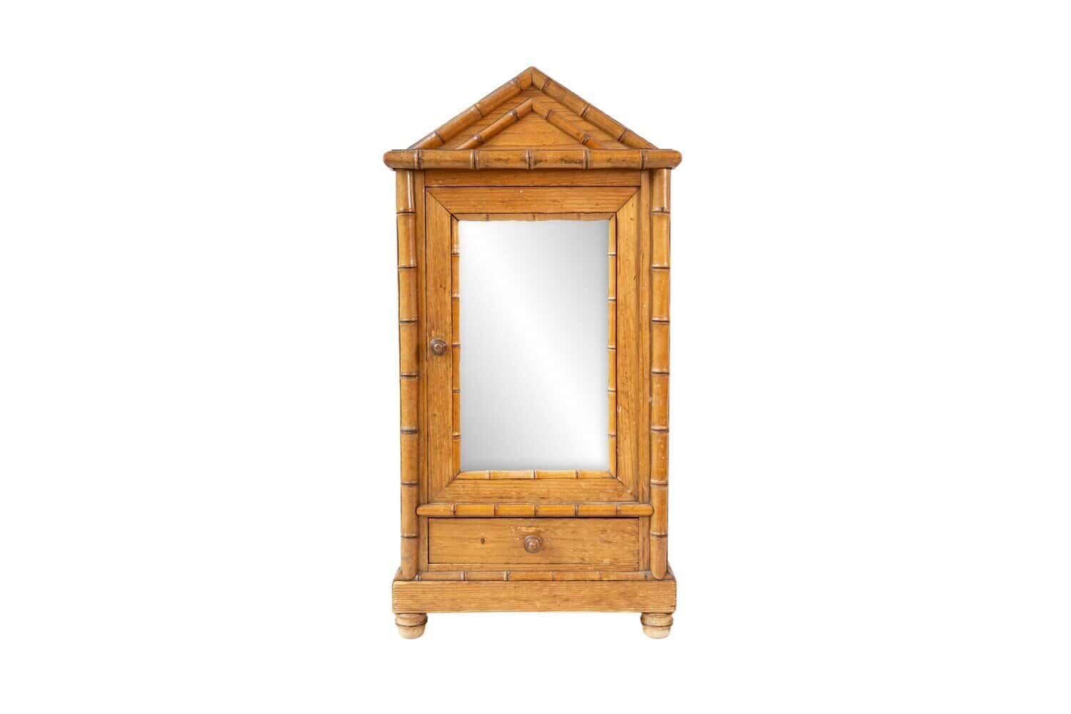 English 19th Century Pine Bamboo-Form Vitrine with Mirrored Door, Pediment Top and Base Drawer - JAA