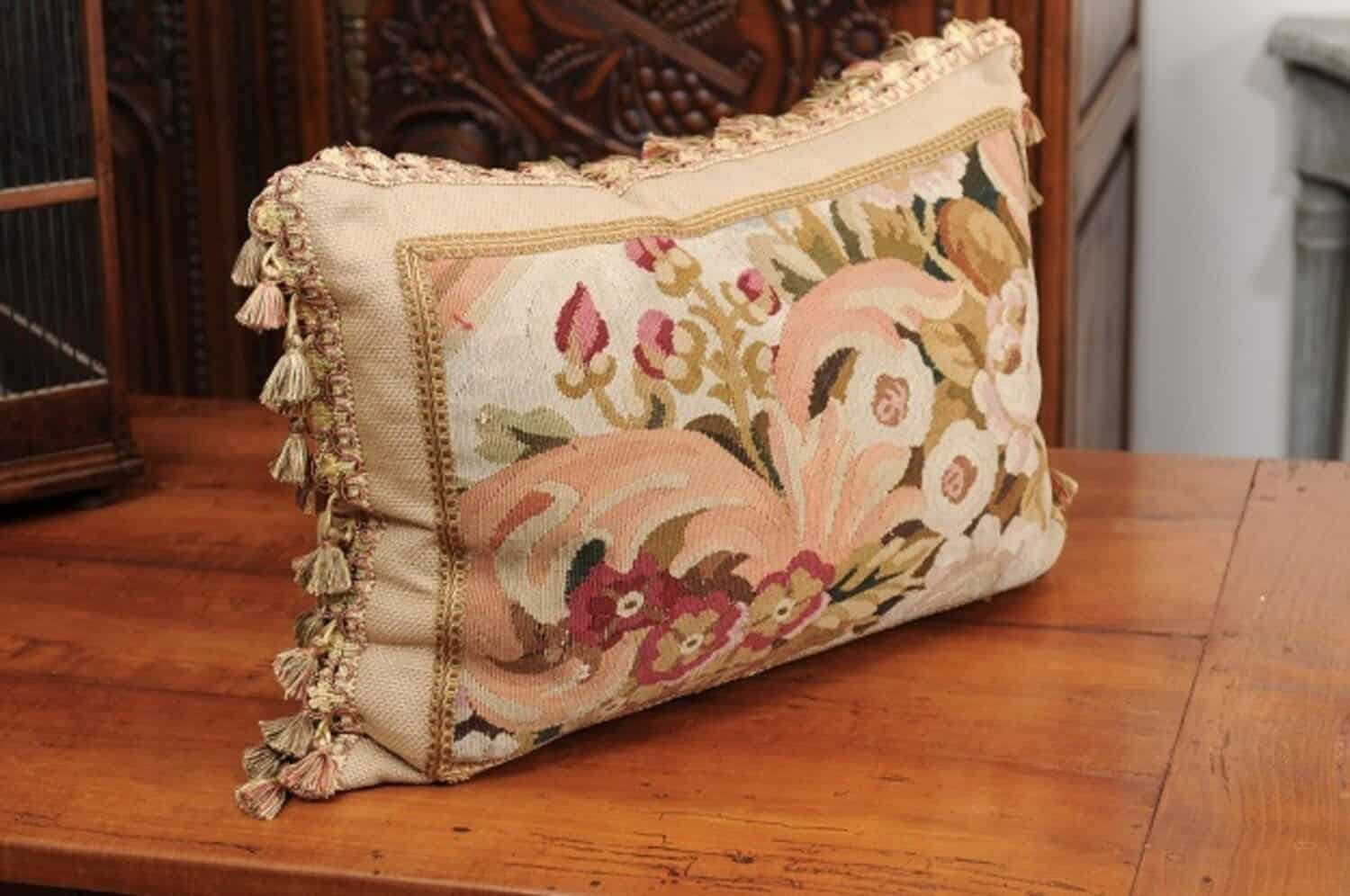 Pillow Made from a 19th Century French Tapestry with Floral Décor and Tassels - JAA