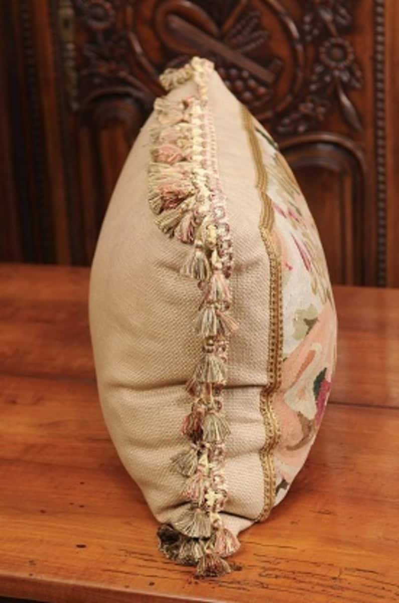 Pillow Made from a 19th Century French Tapestry with Floral Décor and Tassels - JAA