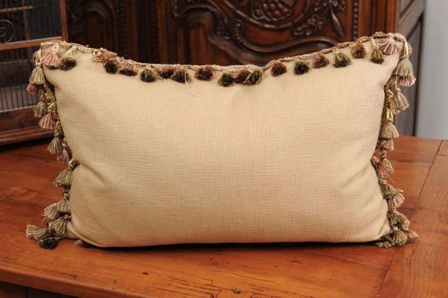 Pillow Made from a 19th Century French Tapestry with Floral Décor and Tassels - JAA