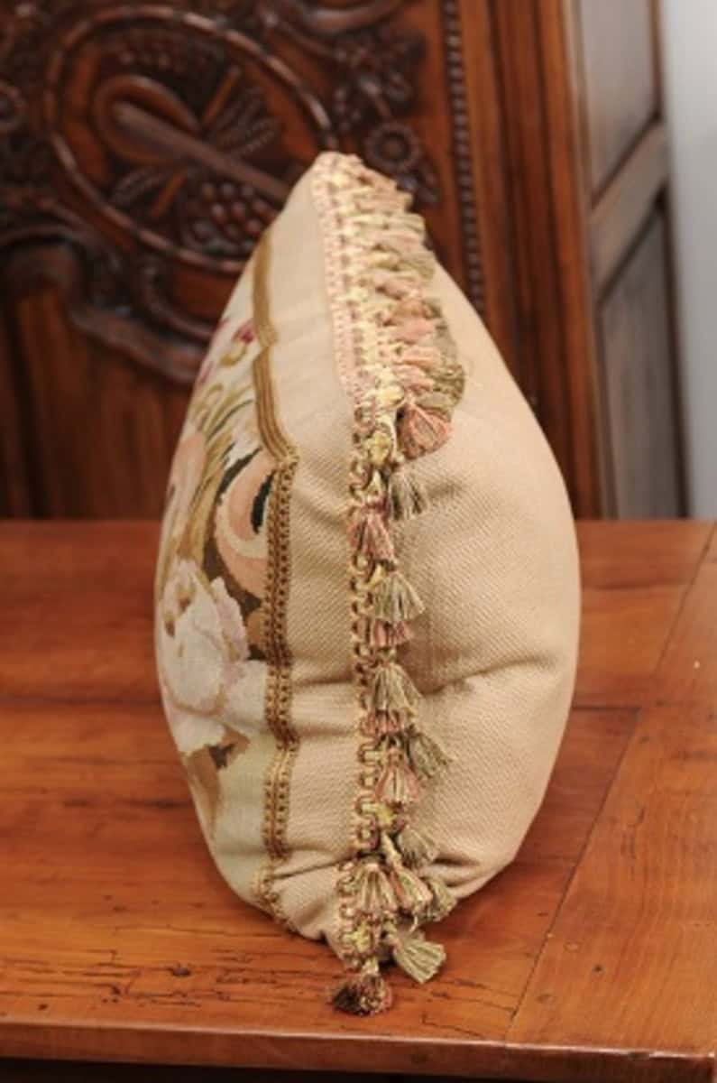 Pillow Made from a 19th Century French Tapestry with Floral Décor and Tassels - JAA