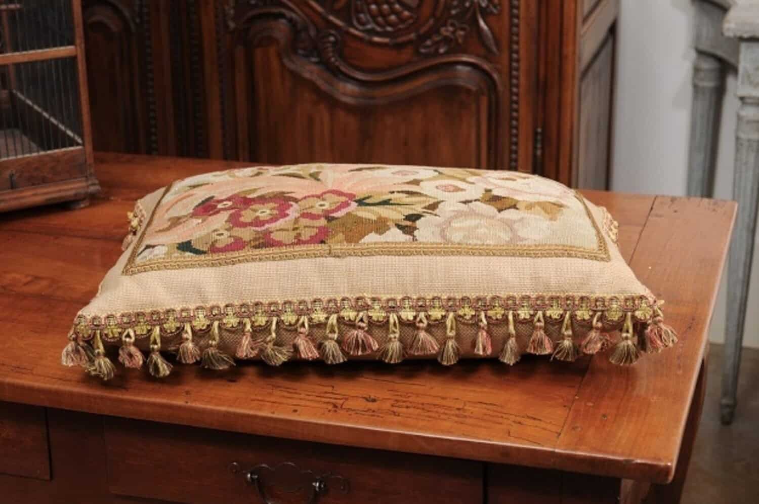 Pillow Made from a 19th Century French Tapestry with Floral Décor and Tassels - JAA