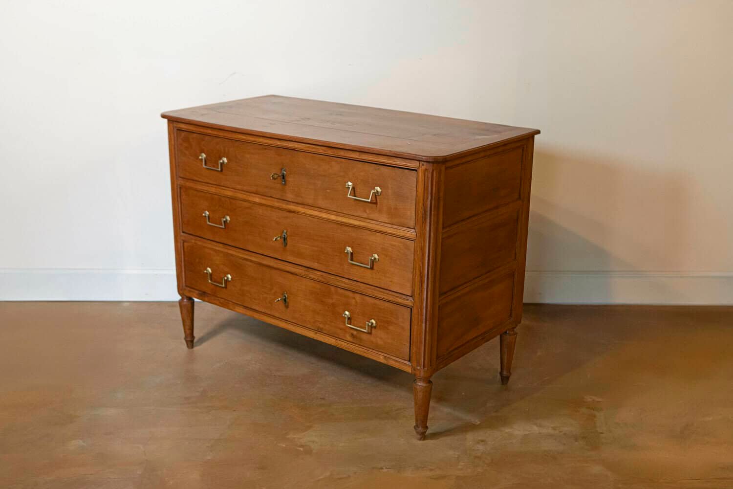 French 1790s Louis XVI Period Cherry Three-Drawer Commode with Fluted Side Posts - JAA