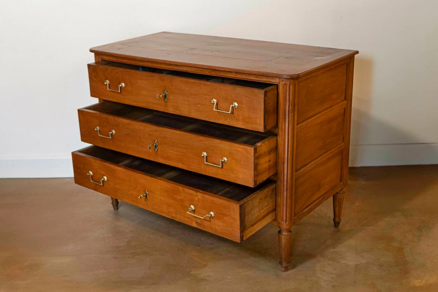 French 1790s Louis XVI Period Cherry Three-Drawer Commode with Fluted Side Posts - JAA