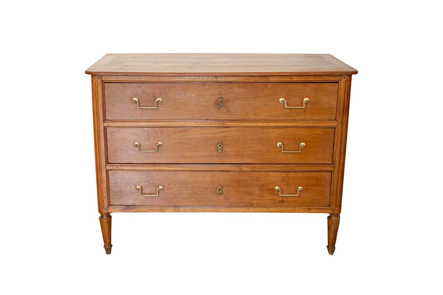 French 1790s Louis XVI Period Cherry Three-Drawer Commode with Fluted Side Posts