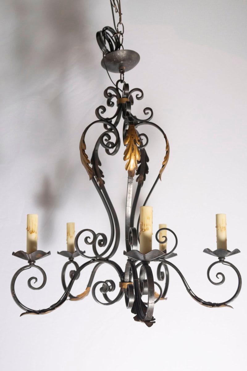 20th Century French Wrought Iron and Gilt Tole Chandelier - JAA