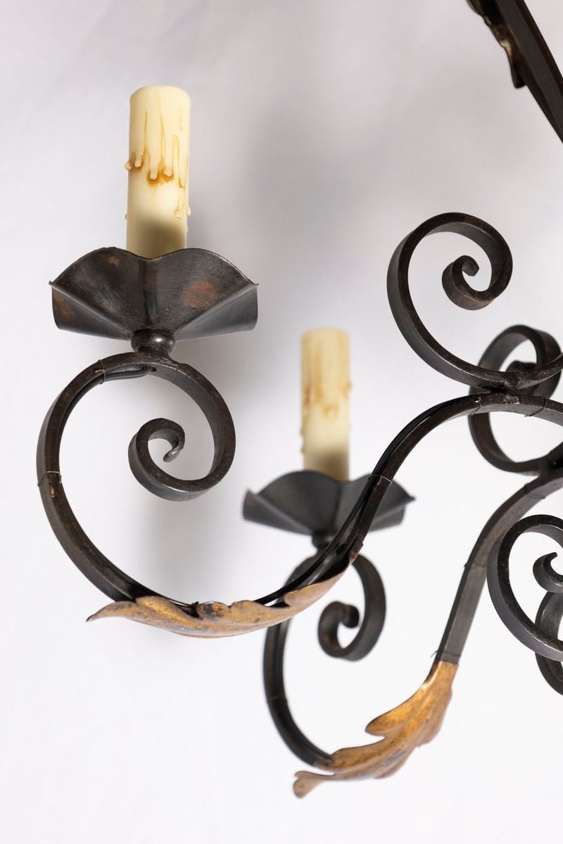 20th Century French Wrought Iron and Gilt Tole Chandelier - JAA